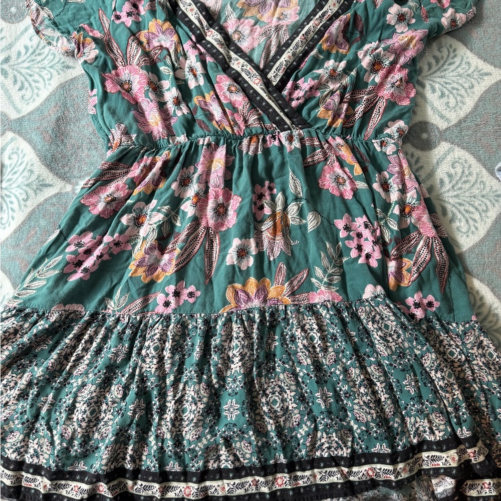 Maurices Teal Floral Top with Pink and Mustard Accents